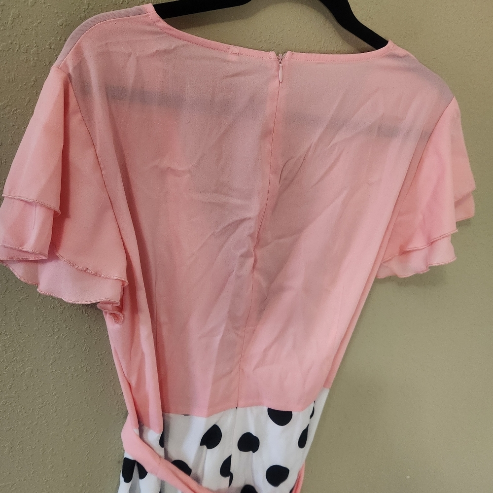 Pink, white, and black jumpsuit. Polka dots on bottom. Pink blouse, shor… - Picture 3 of 6